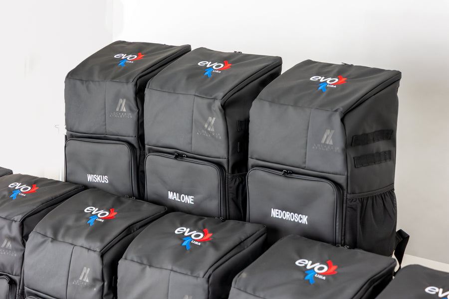 Evo USA custom team backpacks with heat pressed sublimated logos